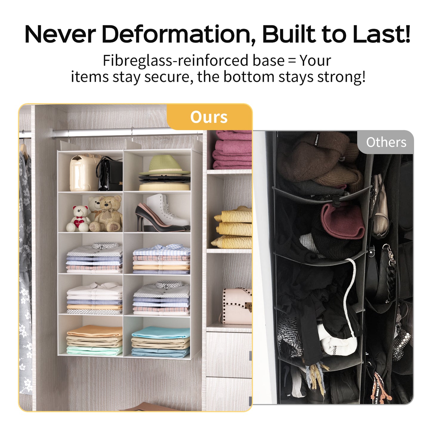 ALLTIDYUP Hanging Wardrobe Organiser – Dual-Row 5 Tier Closet Storage with 10 Pockets and 3 Hooks, Foldable Hanging Shelves for Small Spaces, Bedroom or Dorm – White
