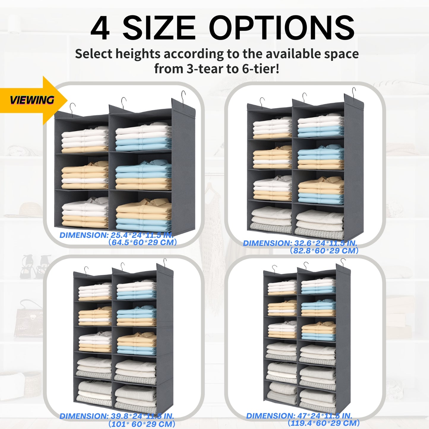 ALLTIDYUP 3-Tier Shelf Hanging Closet Organizer, 6 Pocket Closet Hanging Shelf, Foldable (Grey)