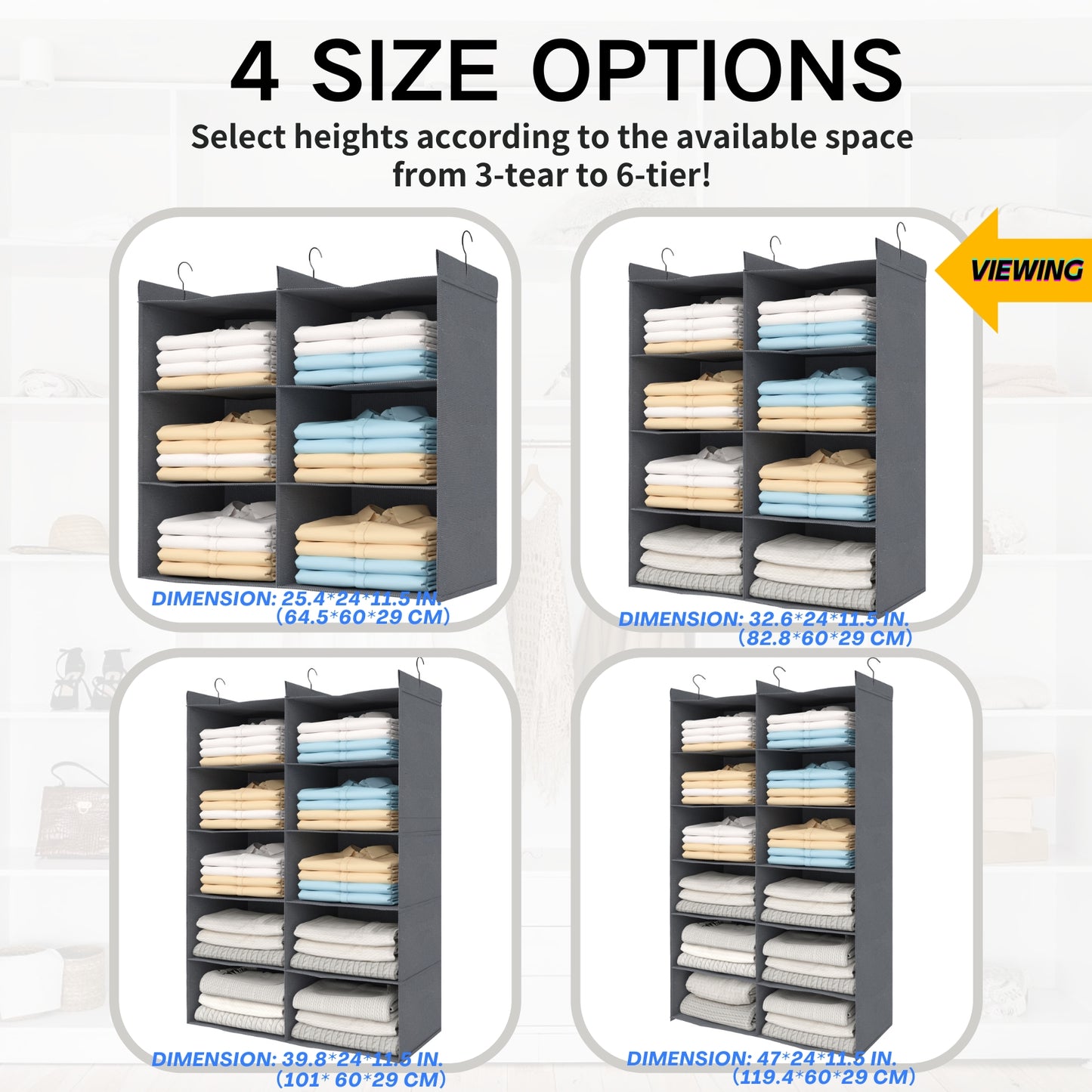 ALLTIDYUP 4-Tier Shelf Hanging Closet Organizer, 8 Pocket Closet Hanging Shelf, Foldable (Grey)