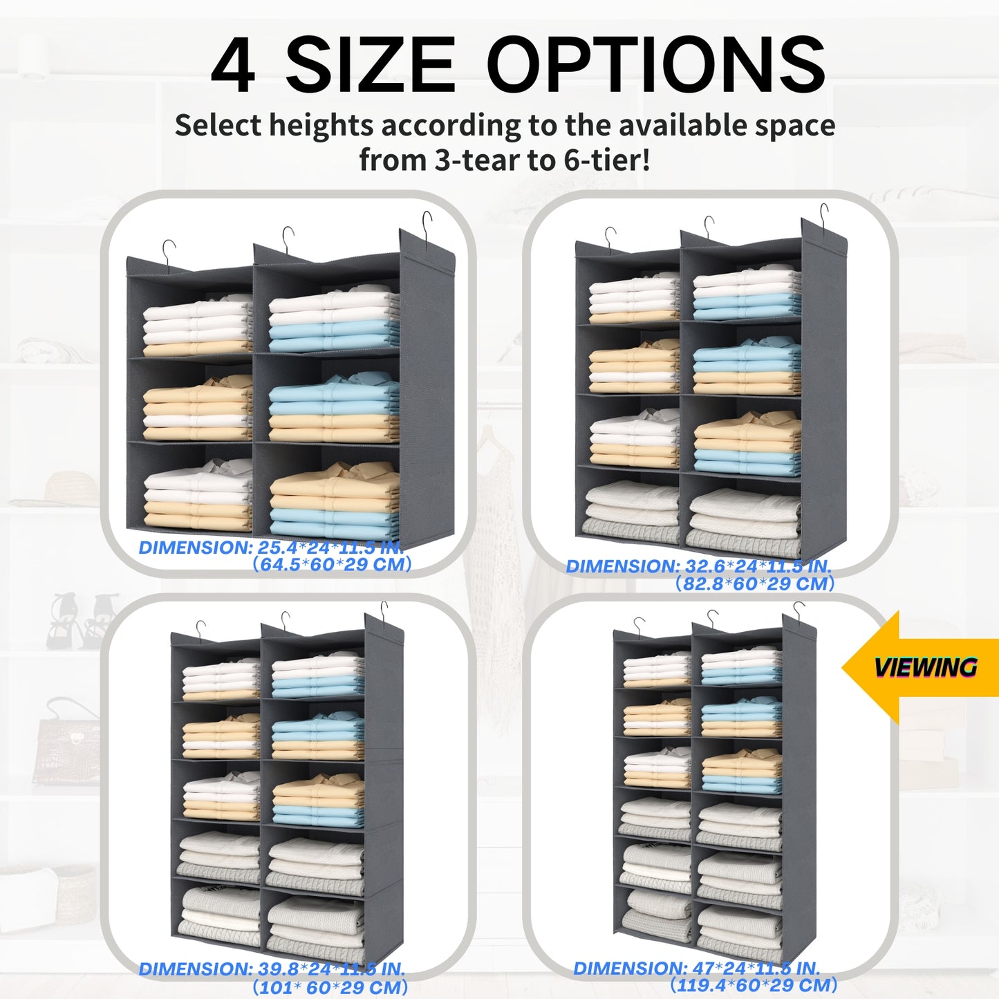 ALLTIDYUP 6-Tier Shelf Hanging Closet Organizer, 12 Pocket Closet Hanging Shelf, Foldable (Grey)