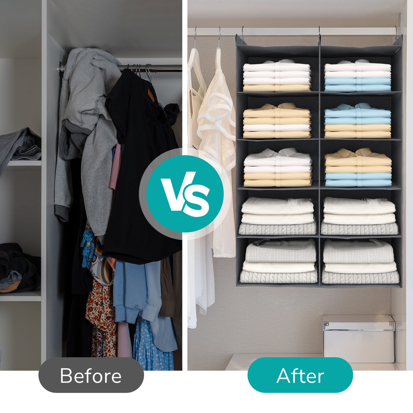 ALLTIDYUP 3-Tier Shelf Hanging Closet Organizer, 6 Pocket Closet Hanging Shelf, Foldable (Grey)