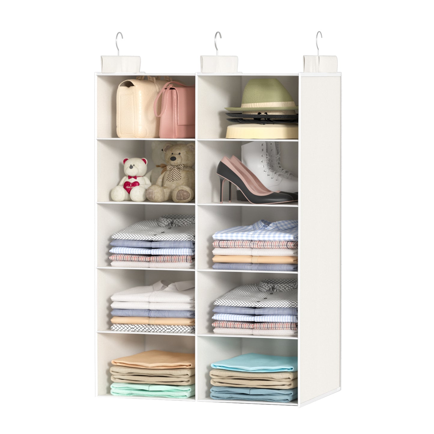 ALLTIDYUP Hanging Wardrobe Organiser – Dual-Row 5 Tier Closet Storage with 10 Pockets and 3 Hooks, Foldable Hanging Shelves for Small Spaces, Bedroom or Dorm – White
