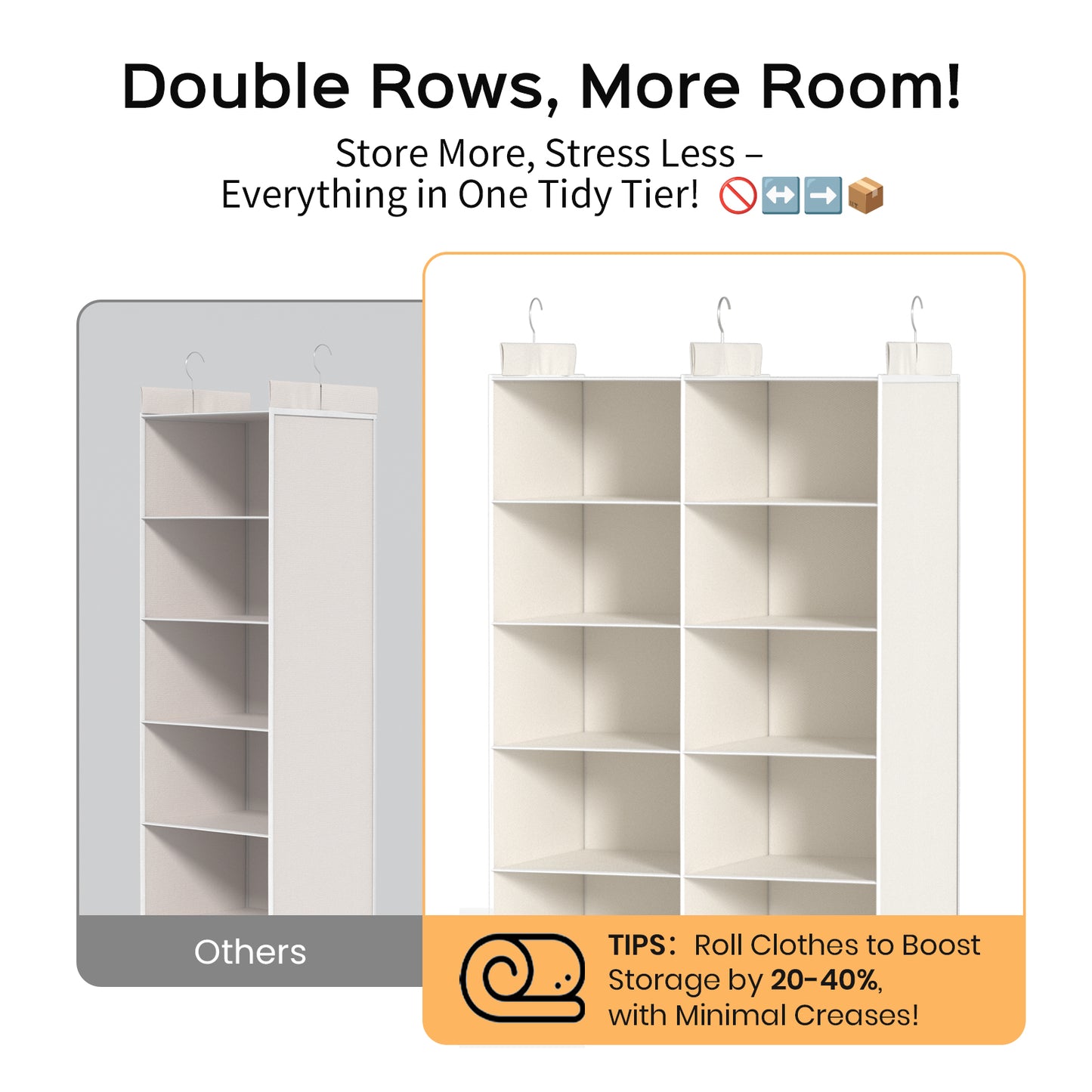 ALLTIDYUP Hanging Wardrobe Organiser – Dual-Row 5 Tier Closet Storage with 10 Pockets and 3 Hooks, Foldable Hanging Shelves for Small Spaces, Bedroom or Dorm – White