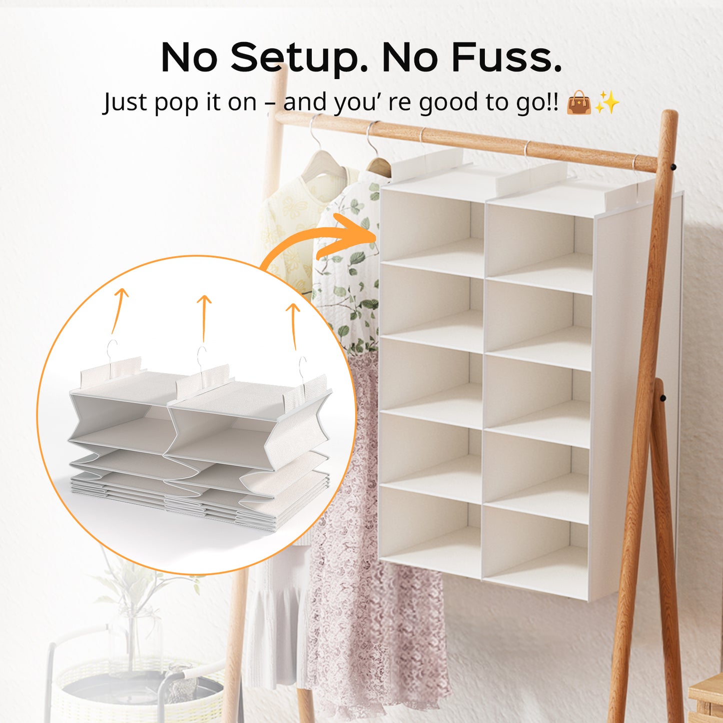 ALLTIDYUP Hanging Wardrobe Organiser – Dual-Row 5 Tier Closet Storage with 10 Pockets and 3 Hooks, Foldable Hanging Shelves for Small Spaces, Bedroom or Dorm – White