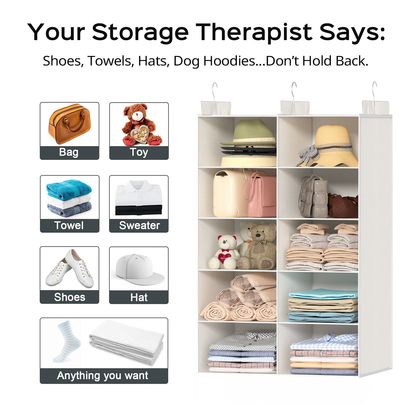 ALLTIDYUP Hanging Wardrobe Organiser – Dual-Row 5 Tier Closet Storage with 10 Pockets and 3 Hooks, Foldable Hanging Shelves for Small Spaces, Bedroom or Dorm – White