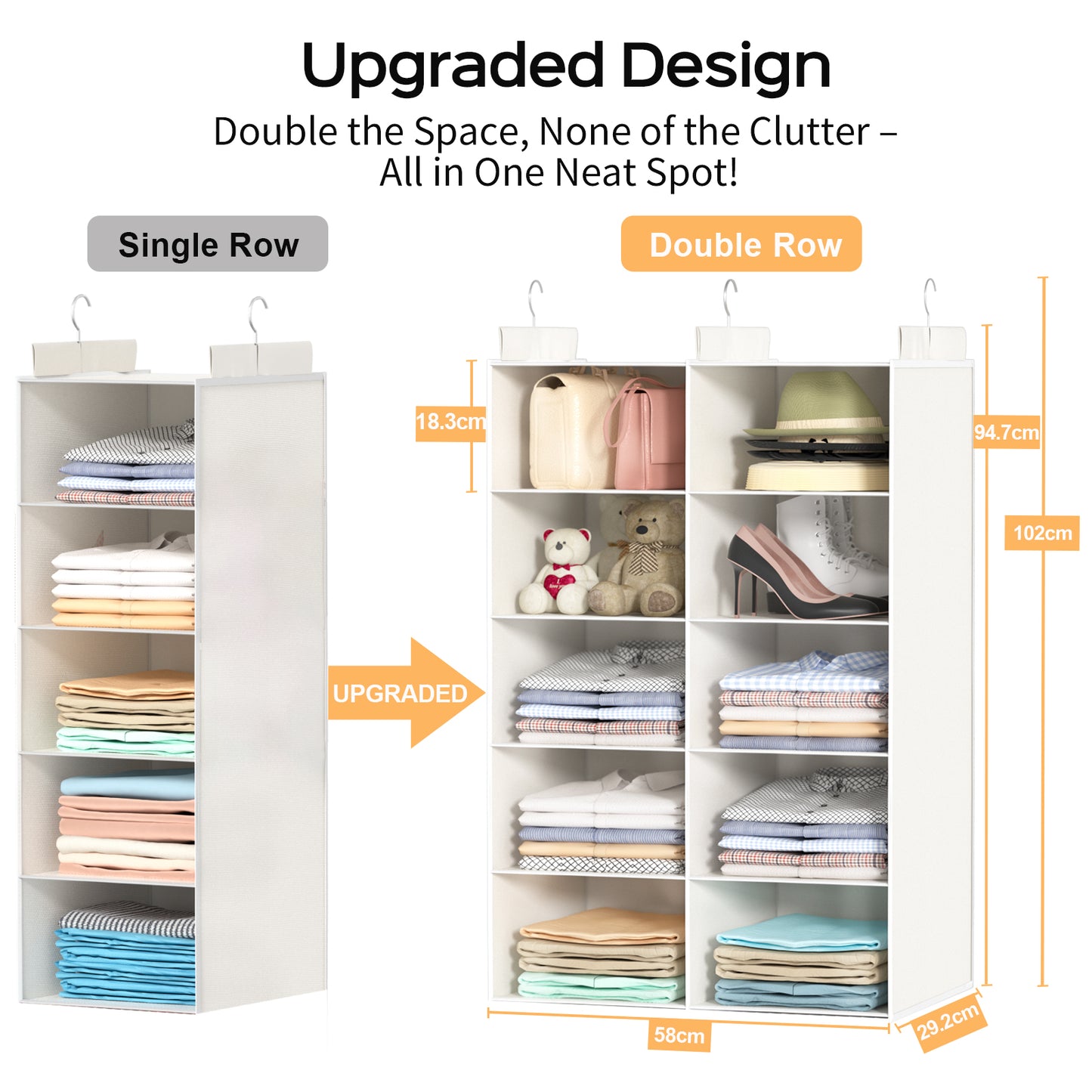 ALLTIDYUP Hanging Wardrobe Organiser – Dual-Row 5 Tier Closet Storage with 10 Pockets and 3 Hooks, Foldable Hanging Shelves for Small Spaces, Bedroom or Dorm – White