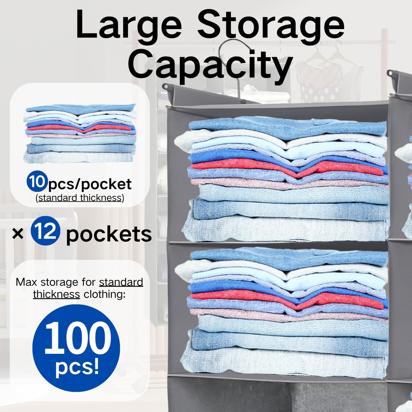 ALLTIDYUP 5-Tier Shelf Hanging Closet Organizer, 10 Pocket Closet Hanging Shelf, Foldable (Grey)