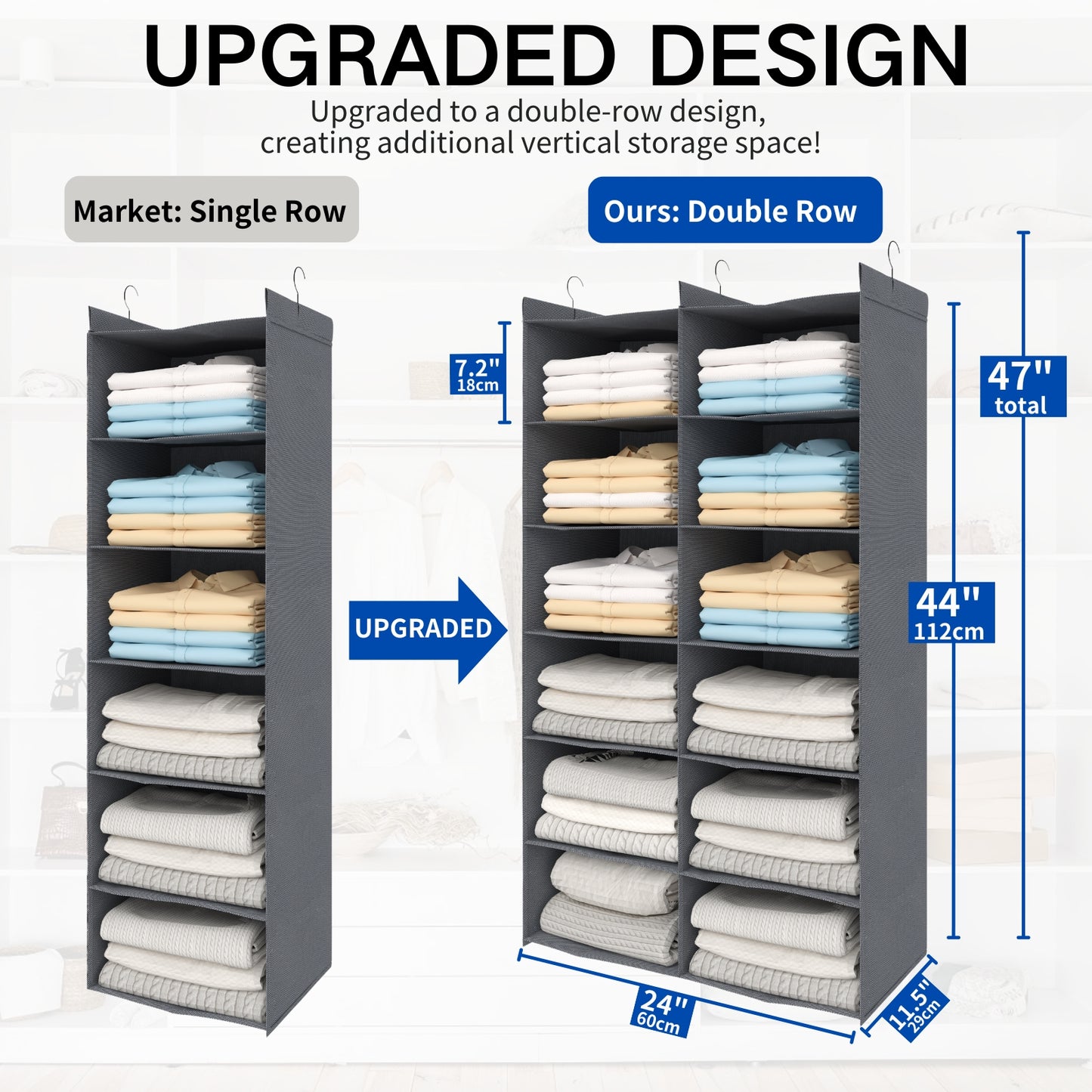 ALLTIDYUP 5-Tier Shelf Hanging Closet Organizer, 10 Pocket Closet Hanging Shelf, Foldable (Grey)